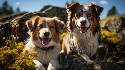 two Border Collie sheep dogs on a rock in a meadow