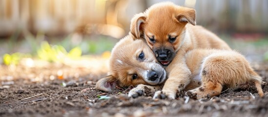 Two-month-old puppies engage in playful wrestling, one on top of the other. - obrazy, fototapety, plakaty