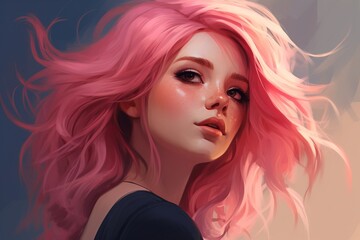 Whimsical Woman with Flowing Pink Hair Artwork