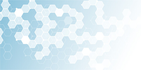 Geometric abstract background with blue and white hexagons. Hexagonal abstract technology background with light. Technology polygonal design. Digital futuristic minimalist banner in blue background.