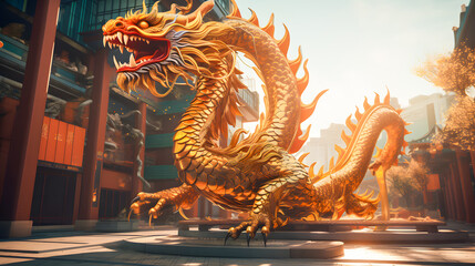 Fototapeta premium Golden dragon statue in chinese temple with blue sky background. Dragon chinese wallpaper, Happy Lunar New Year