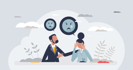 Empathy as psychological understanding or intelligence tiny person concept. Friendship support in depression or grief moment vector illustration. Emotional compassion and crisis therapy or consulting