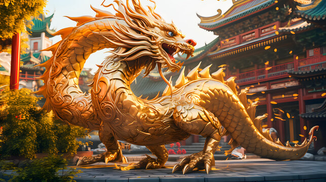 Golden dragon statue in chinese temple with blue sky background. Chinese dragon is a mythical creature. Dragon chinese wallpaper, Happy Lunar New Year