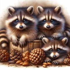 Three cute raccoons