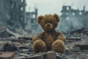 Kids' toy bear surrounded by the remnants of a city, portraying the impact of conflict. A poignant visual statement on the cost of war and the resilience of childhood.