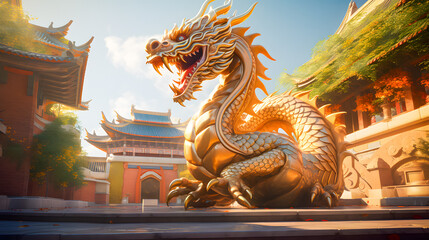 Fototapeta na wymiar Golden dragon statue in chinese temple with blue sky background. Chinese dragon is a mythical creature. Dragon chinese wallpaper, Happy Lunar New Year