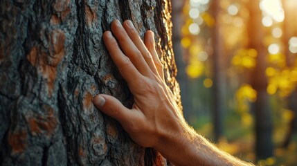 Human hand touch tree trunk. People and nature connection concept. Beautiful green forest. Nature environment. Man care about ecology. Save planet. Wood bark close up. Peace and harmony at eco park.
