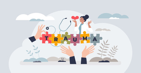 Trauma informed care with understanding about patient body health condition tiny person concept. Complex medical treatment and therapy with professional specialist support vector illustration.