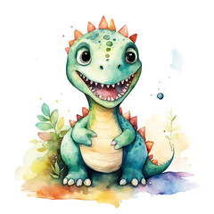 Cute little colored dinosaur, an extinct animal. watercolor illustration. artificial intelligence generator, AI, neural network image. background for the design.