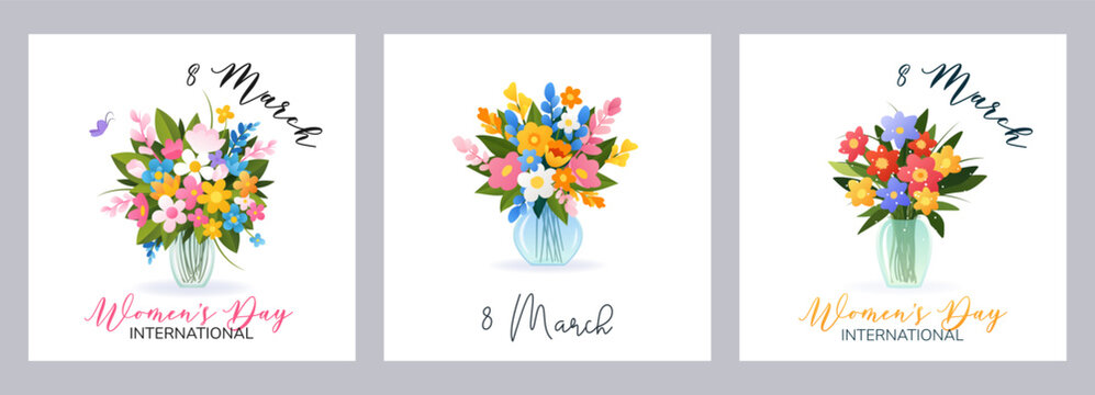 International Women's Day. 8 March. Banners, postcards set with isolated vase and bouquet of various spring flowers on white background. Modern vector design for poster, campaign, social media post. 