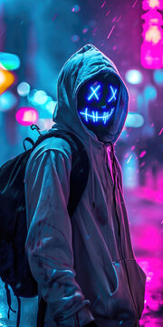 white hoodie worn by man wearing purge mask with neon lights and wearing black backpack .wallpaper background
