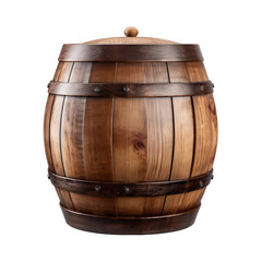 Obraz premium Vintage wooden barrel isolated on white PNG , old wooden wine barrel with steel strips, Transparent background