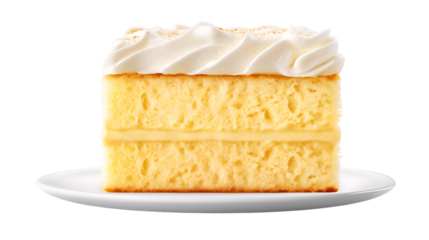 piece of vanilla butter cake isolated, yellow butter cake with White icing, and frost, isolated on white PNG