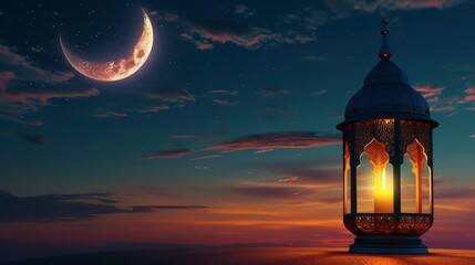 Arabic lantern with burning candle and night sky with waning crescent moon in the background. Generative AI