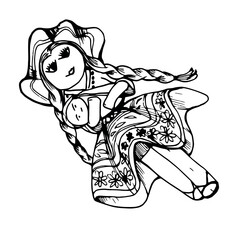 Hand drawn ink vector illustration, embroidered national indian clothes South Central America fashion sewn doll toy. Single object isolated white background. Design travel, vacation, brochure, print