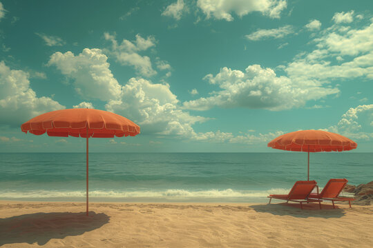A retro beach scene with classic swimsuits and sun umbrellas, recalling the leisure styles of the past. Concept of vintage leisure and beach fashion. Generative Ai.