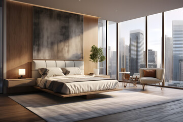 Fototapeta na wymiar Contemporary Condo Bedrooms with Floor to Ceiling Windows