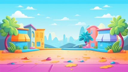 Fototapeta na wymiar colorful cartoon landscape featuring two houses, lush greenery, and a scenic mountain backdrop under a clear sky.