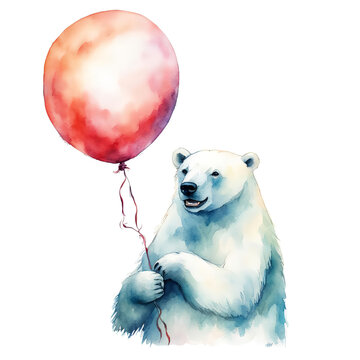a white polar bear with a balloon. watercolor illustration. artificial intelligence generator, AI, neural network image. background for the design.