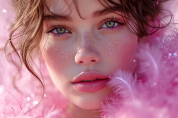 A fashion photoshoot with pink gels, adding a soft and romantic quality to the images. Concept of color gels in fashion photography and style. Generative Ai.