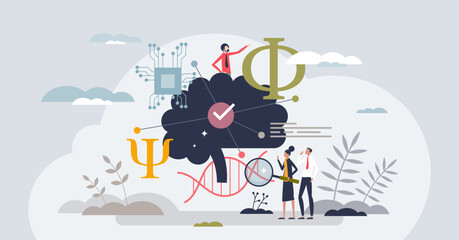 Cognitive science as study about thinking mind process tiny person concept. Linguistics, psychology, neuroscience, artificial intelligence and anthropology knowledge research vector illustration.