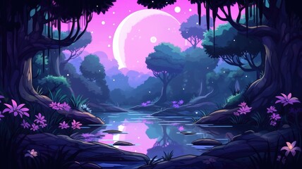 cartoon illustration nature landsacpe in night forest