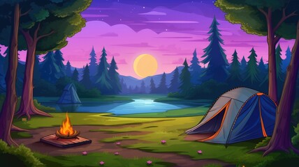 cartoon illustration campsite with a campfire.