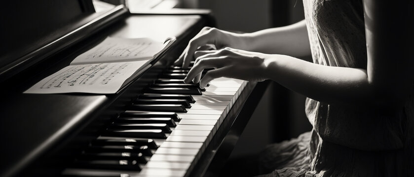 Elegant Hands Playing Classic Piano in Monochrome.