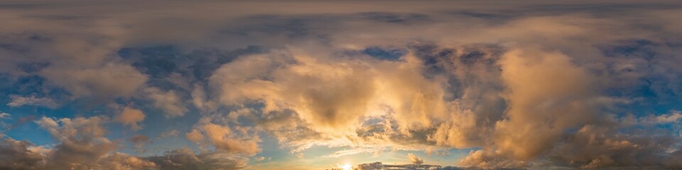 Sky panorama with bright glowing golden clouds. HDR 360 seamless spherical panorama. Full zenith or sky dome in 3D visualization, sky replacement for aerial drone panoramas. Weather and climate change
