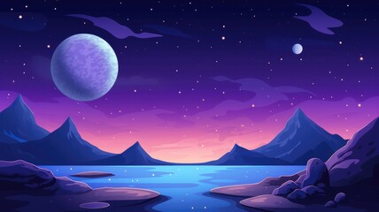 Fototapeta premium cartoon illustration Alien planet or moon landscape with craters and comet flying in night sky