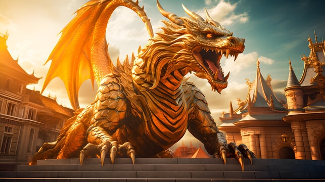 Golden dragon statue in chinese temple with blue sky background. Dragon chinese wallpaper, Happy Lunar New Year
