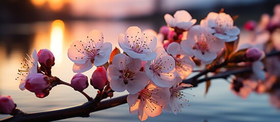 White cherry blossoms on ornamental cherry tree in spring with sunset