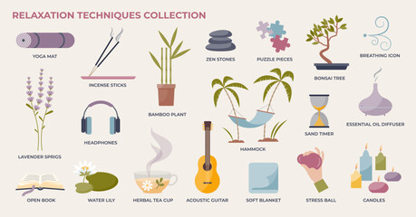 Relaxation techniques or equipment for wellness in tiny person collection set. Elements for calm and peaceful activities to get inner harmony and mindfulness vector illustration. Detox zen supplies.