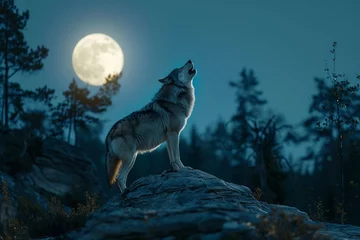 Deurstickers wolf howling at night © muneer art