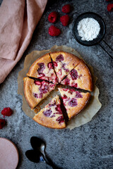 Cheesecake Strawberry top view on dark background