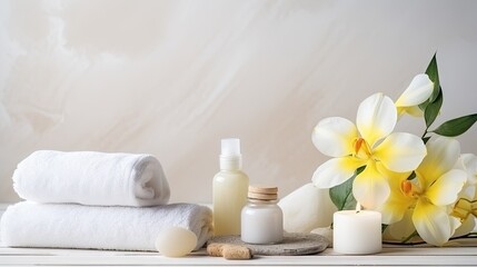 beauty treatment items for spa procedures on white wooden table. massage stones, essential oils and sea salt 