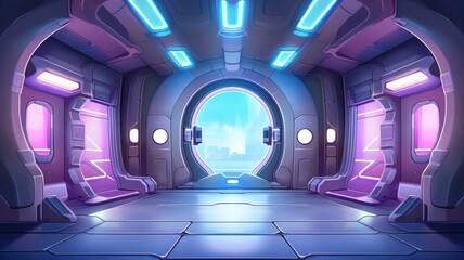 cartoon illustration futuristic space station interior with a starry view and artificial intelligence screens.