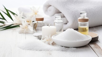 beauty treatment items for spa procedures on white wooden table. massage stones, essential oils and sea salt  