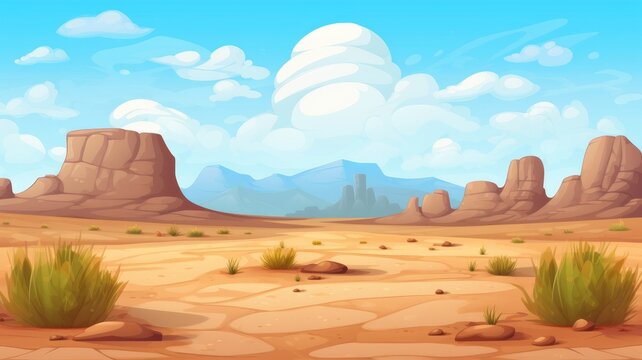 cartoon illustration Beautiful Western Desert Landscape with Sky, Rock, Cliff Mountain