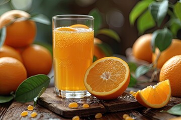Obraz na płótnie Canvas Freshly squeezed orange juice of health and sweetness in glass of vitality. Juicy citrus slices on wooden table nature richness in bright delicious. Summer refreshment in sip celebrating organic