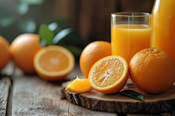 Obraz na płótnie Canvas Freshly squeezed orange juice of health and sweetness in glass of vitality. Juicy citrus slices on wooden table nature richness in bright delicious. Summer refreshment in sip celebrating organic