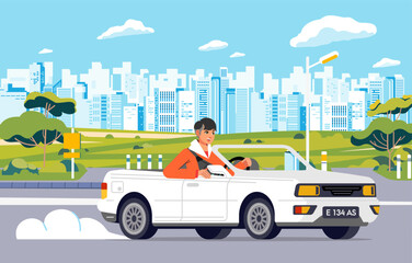 Naklejka premium Young man driving cabriolet car on road across suburb along cityscape buildings