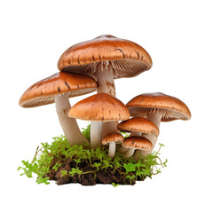 Mushrooms in grass isolated on transparent and white background. Generative ai