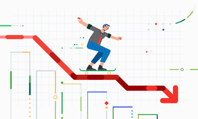 Businessman glides on skateboard over graph chart of falling down business and profits