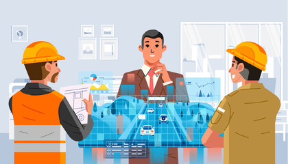 contractor investors and civil servants discuss using futuristic digital desk technology for highway construction