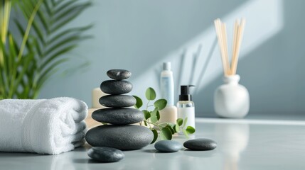 photography, Horizontal composition, on a clean light gray background, with some spa accessories, massage, 