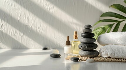 photography, Horizontal composition, on a clean light gray background, with some spa accessories, massage,  