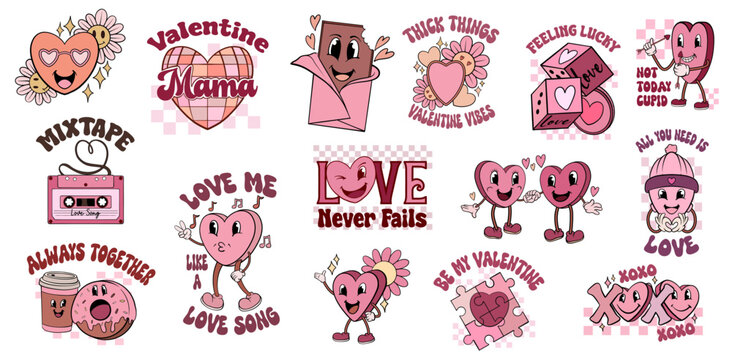 Happy valentines day clipart set, Valentine groovy cartoon hippie style. Valentines stickers, love quotes. Valentines design for sublimation printable. Valentines t shirt designs