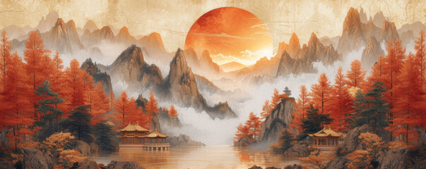  Abstract mountains. Aesthetic watercolor Chinese golden mountain with pavilions background wallpaper. illustration for prints wall arts and canvas.
