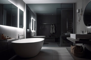 Fototapeta na wymiar Design of a modern bathroom interior, shower cabin with toilet, sink in dark colors.